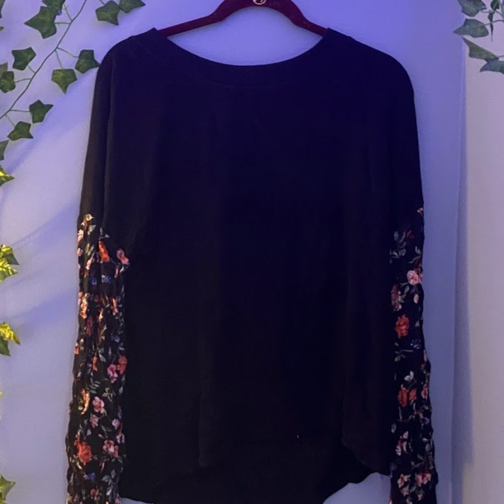 Black Top with Floral Print Sleeves